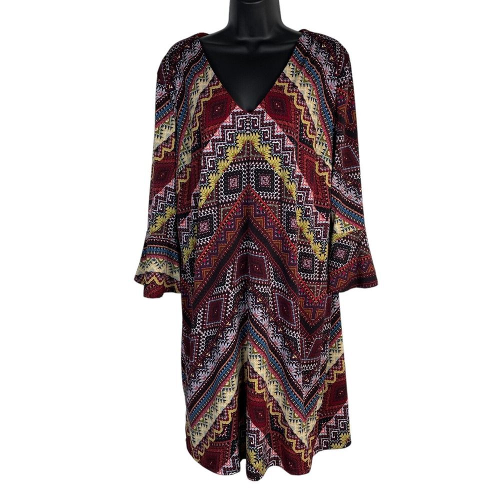 Be by Chetta B Womens Shift Dress XL Multicolor V Neck Bell Sleeves Relaxed NWT